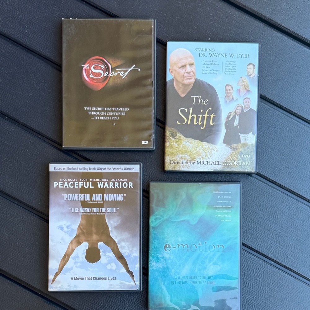 4 DVDs: 'The Secret' 
'The Shift' 
'Peaceful Warrior' 
'E-motion'